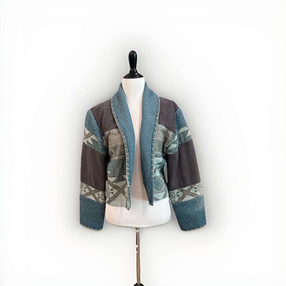 Vintage Quilted Jacket Size S/M Blue Cotton Southwestern Loose Crop Boho Blazer
